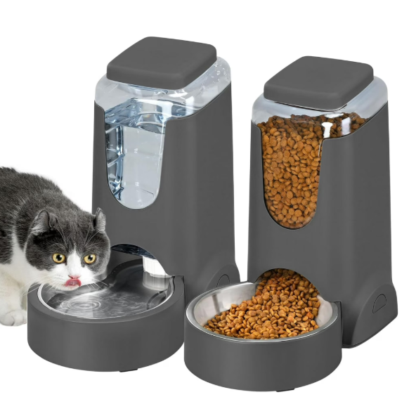 2 Pack Automatic Cat Feeder and Stainless Steel Water Dispenser, Gravity Dog Waterer Set Food Feeder and Waterer Set for Small Medium Kitten Puppy Pets(1 Gallon x 2, Charcoal Gray)