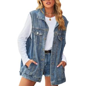 Perbai Women's Oversized Denim Vest Distressed Mid Long Sleeveless Jean Jacket Waistcoat with Pockets (Lightblue)