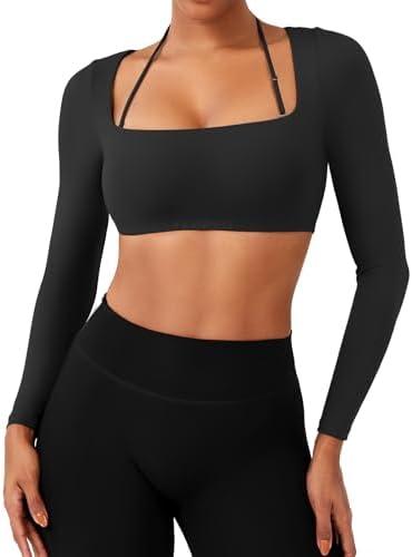 YEOREO Long Sleeve Crop Tops for Women Square Neck Workout Yoga Cropped T Shirt Top Padded Halter Neck with Detachable, Size: M