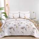 Dinjoy Floral Quilt Set California King Size, Khaki Bedspreads Fall Bedding Set Soft Lightweight Quilts 3 Piece White Oversized Farmhouse Flower Bed Sets (Cal King,112''x96)