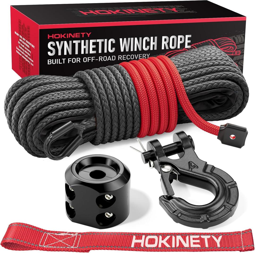 Synthetic Winch Rope Kit - 1/4" x 50' 10000 lbs Synthetic Winch Cable for ATV UTV Off-Road Vehicles with Forged Hook, Rubber Stopper, Protective Sleeve and Safety Pull Strap - Grey