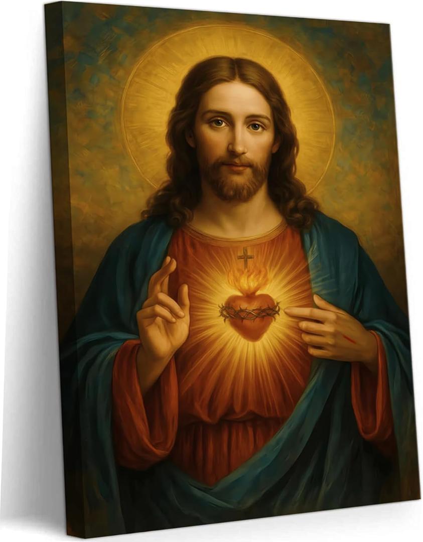 Eysintum Sacred Heart of Jesus Wall Art Christian Canvas Print Religious Home Decor Catholic Picture for Bedroom Living Room Prayer Room Ready to Hang 12x16in