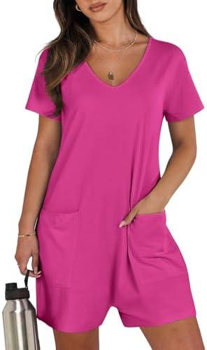 ioiohahaun Women's Summer Casual Rompers Short Sleeve V Neck Loose Fit Jumpsuit 2025 Trendy One Piece Jumps With Pockets L