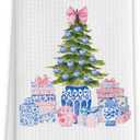 Preppy Chinoiserie Christmas Tree Kitchen Towels, Pink and Blue Xmas Tree Decorative Hand Towels for Bathroom, Grandmillennial Christmas Dish Tea Towels for Kitchen Decor, 16x24 Inch (Section 3)