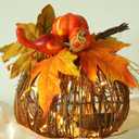 8 Inch Lighted Pumpkin Fall Decor  LED Thanksgiving Decoration with Maple Leaves, Berries, and Pumpkin, Autumn Harvest Centerpiece for Table, Indoor Outdoor Outdoor Pumpkins for Porch Home Display