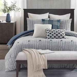 Madison Park Queen Comforter Cotton Clipped Jacquard, Oversized Comforters Queen Size Bed, All Season Down Alternative Overfilled Queen Size Comforter, Essence, Full/Queen, Blue 8 Piece