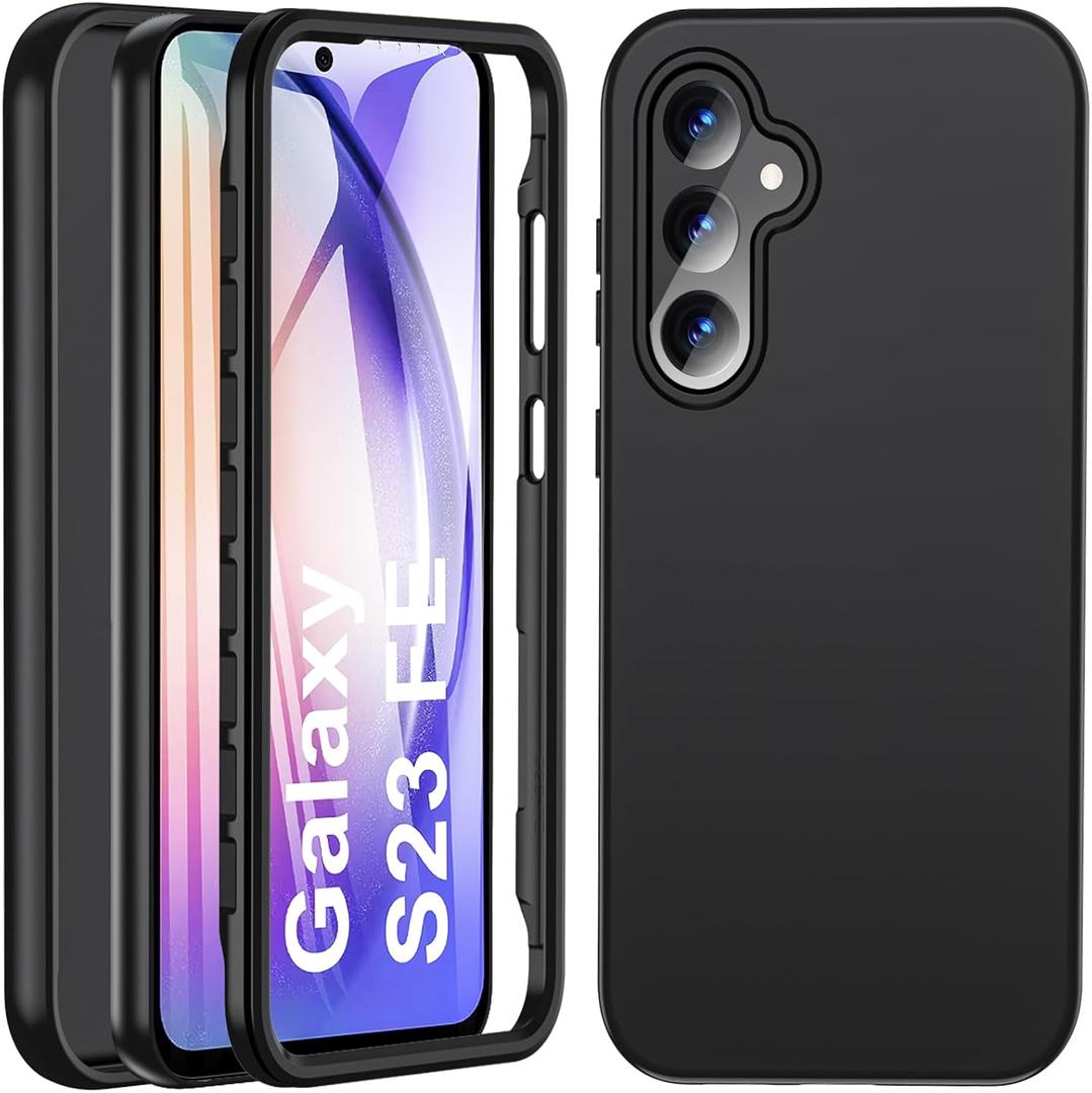 Hensinple for Samsung Galaxy S23 FE Case, Samsung S23 FE Case with Built-in Screen Protector, 360 Full Body Military Grade Drop Protection Silicone Bumper Cover Phone Case for Samsung S23 FE (Black)