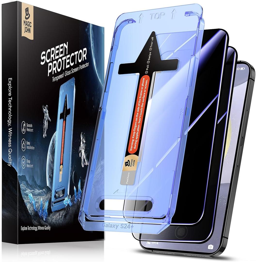 MAGIC JOHN 2 Pack for Samsung Galaxy S24 Plus/ S24+ Privacy Glass Screen Protector 6.7 inch, Anti-spy Tempered Glass Film, Auto Dust-Elimination Installation, Bubble Free, Case Friendly, Anti-Scratch