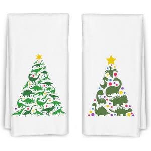 Dinosaur Christmas Tree Hand Towels Set of 2 for Kids Boys Bathroom,Dinosaur Kitchen Kids Bathroom Decor 16x24 Inches