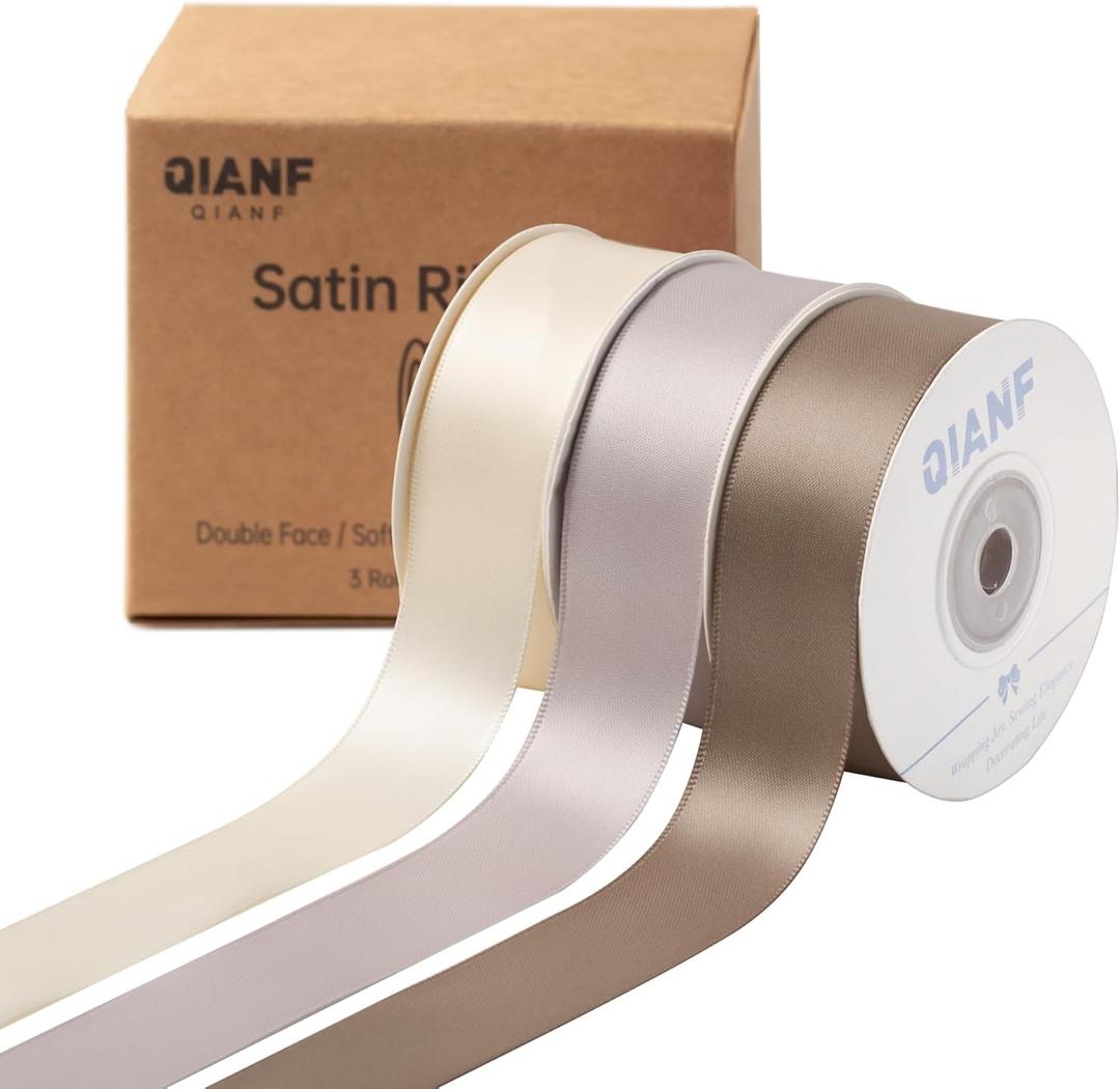 QIANF Champagne Double Face Satin Ribbon 1 Inch x 45 Yards Ivory Fabric Ribbon for Gift Wrapping, Flower Bouquets, Hair Bows Making, Wedding Decoration, Invitation Cards, Christmas (3 Rolls *15Yd)