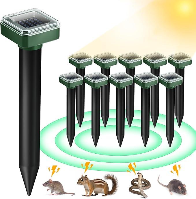 Mole Repellent Solar Powered for Lawns, Waterproof Gopher & Groundhog Repellent with Variable Sonic Vibration, Easy Twist Stakes for Yard & Garden, Get Rid of Voles Snakes (10 Green)