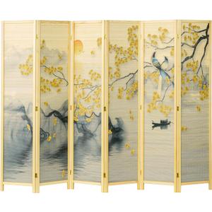 MyGift 6 Panel Large Bamboo Room Divider with Dual Sided Asian Birds Gingko Biloba Tree Sunset Design Print, 6FT Freestanding Artwork Privacy Partition Folding Screen with Beige Solid Wood Frame