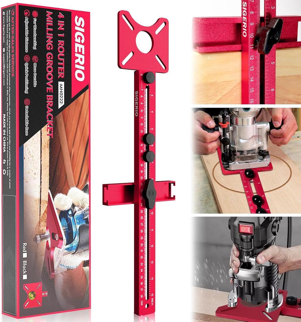 New 4 in 1 Router Milling Groove Bracket, Aluminum Alloy Router Circle Cutting Jig, Multifunctional RouterGuide for Cutting Circles, Adjustable RouterJig Tool for Woodworking (Rose Red)