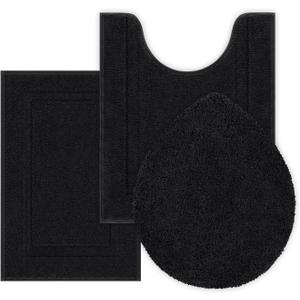 SHACOS Bathroom Rugs Sets 3 Piece with Toilet Lid Cover, 16"x24"Bath Mat and 20"x24" U-Shape Contoured Toilet Mat Machine Washable Shaggy Absorbent Bath Rugs (Black)