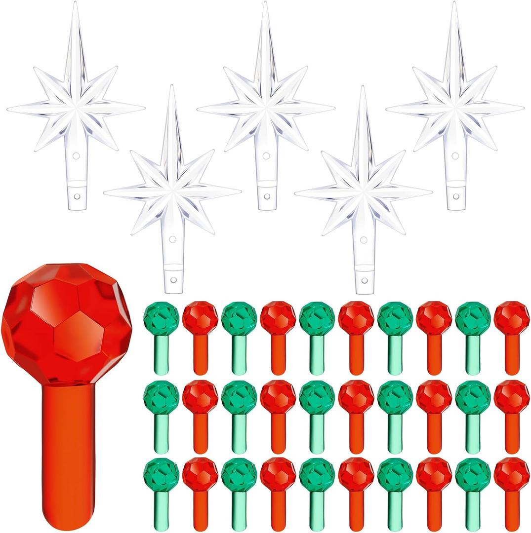 Boao 210 Pcs Ceramic Christmas Tree Bulbs and Star Topper Light Ornaments Round and Heptagram Christmas Replacement Lights Bulbs for Village Xmas Tree Topper Decorations (Red,Green and Clear)