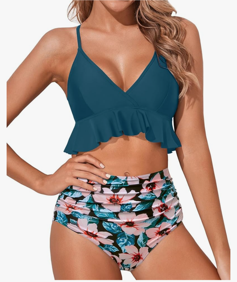 Tempt Me Women Two Piece Swimsuits High Waisted Bikini Set Ruffle Flounce Tummy Control Bottoms Bathing Suit, L