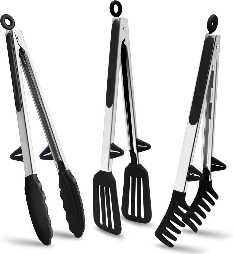 Tongs for Cooking, 12" Kitchen Tongs with Silicone Tips, Food Grade Serving Tongs Set of 3, Black