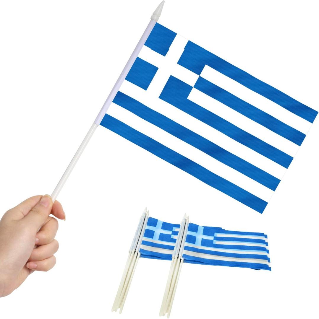 2 x Anley Greece Mini Flag 12 Pack - Hand Held Small Miniature Greek Flags on Stick - Fade Resistant & Vivid Colors - 5x8 Inch with Solid Pole & Spear Top