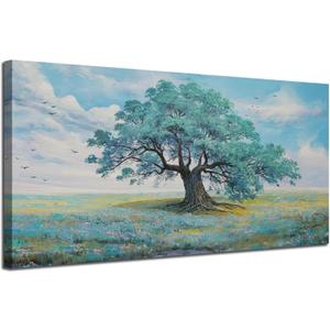 Ardemy Landscape Wall Art Canvas for Living Room Teal Tree Scenery Painting Bedroom Nature Picture Textured Artwork Framed Dining Room Kitchen Home Office Wall Decor, Large 40"x20"