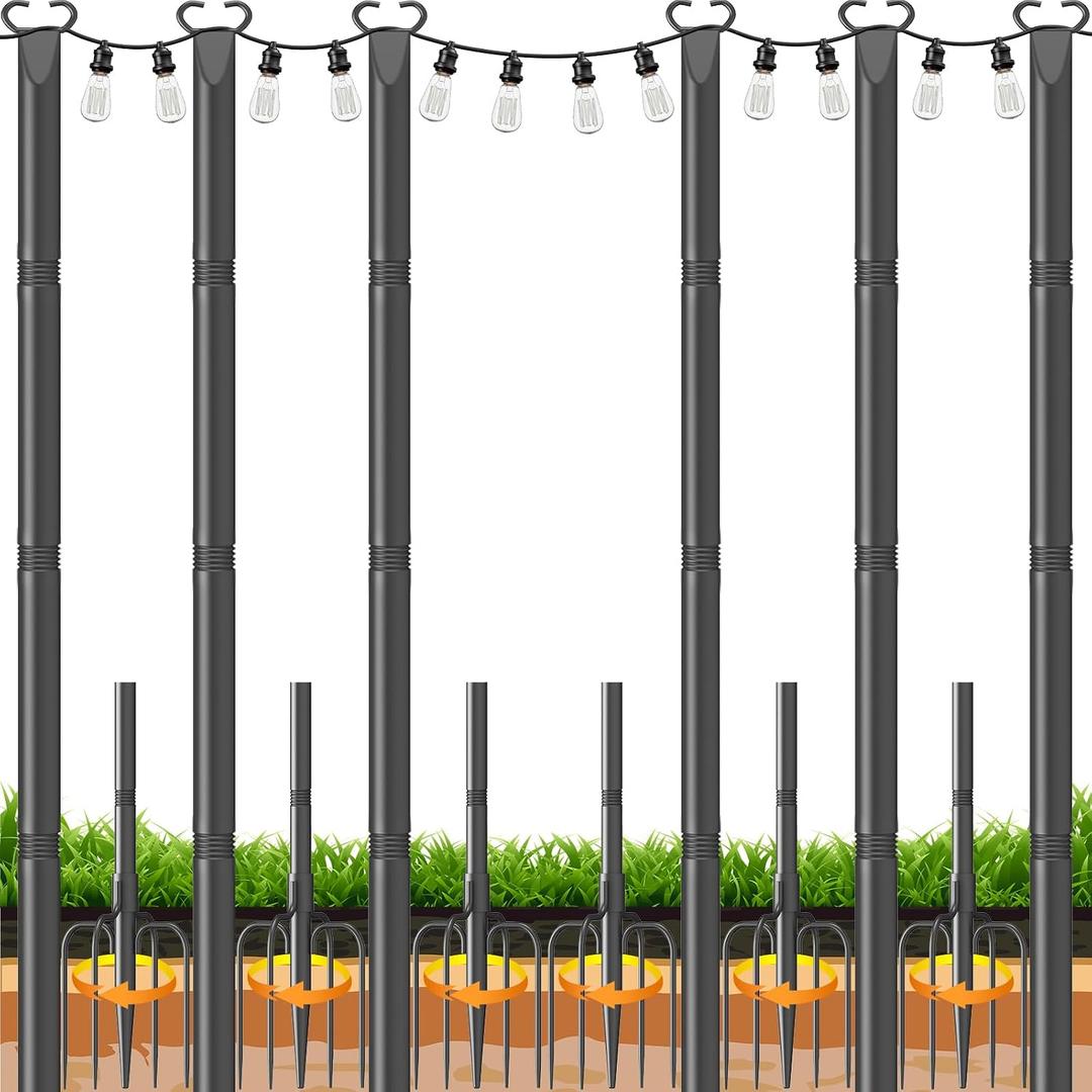 10Ft String Light Poles 6 Pack,Poles for Outdoor String Lights with Fork and Fence Clamp,Hanging Lights Metal Stand Post for Deck Patio Backyard Garden Decorations