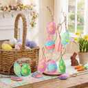 SmoothNovelty 24 Pcs Felt Easter Egg Tree Ornaments 3D Hanging Egg Decoration for Tree with Flower Colorful Stripes Felt Easter Decoration for Home Indoor Outdoor Holiday Basket Stuffers