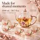 Maxdot Floral Glass Tea Set, 51 oz Teapot with 6 Cups, Plum Blossom, Teapot: about 51 oz/ 1500 ml