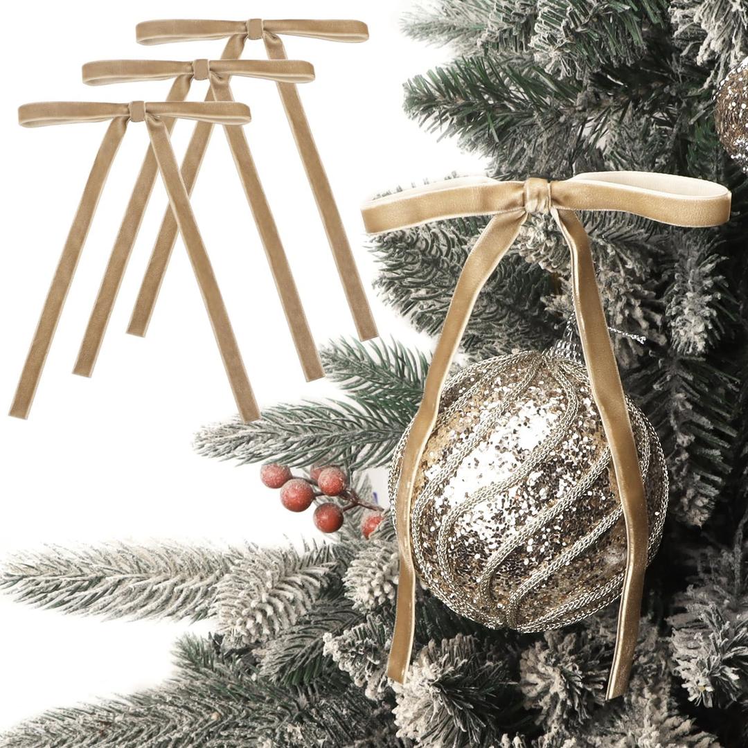 Ribbli Velvet Christmas Tree Bows 24 Pcs Camel Vintage Wreath Ribbon Bows for Door Garland Home Decor - 5 x 7 Inch, 3/8 Inch Wide