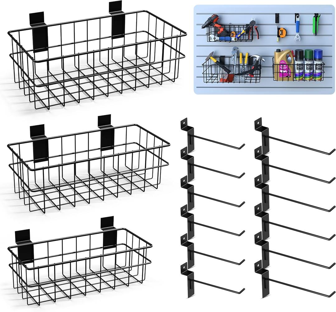 Slatwall Accessories Kit with Multi-Sized Slatwall Baskets and Slat Wall Hooks (Pack of 15)