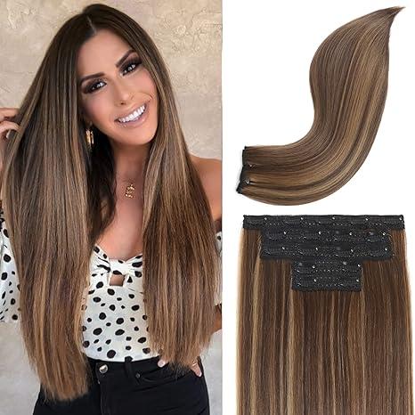 REECHO Clip in Hair Extensions, Hair Extensions Thick Long Lace Weft Lightweight Synthetic Hairpieces for Women (24 Inch240 Gram(Pack of 5), Medium Brown with Blonde Highlights)