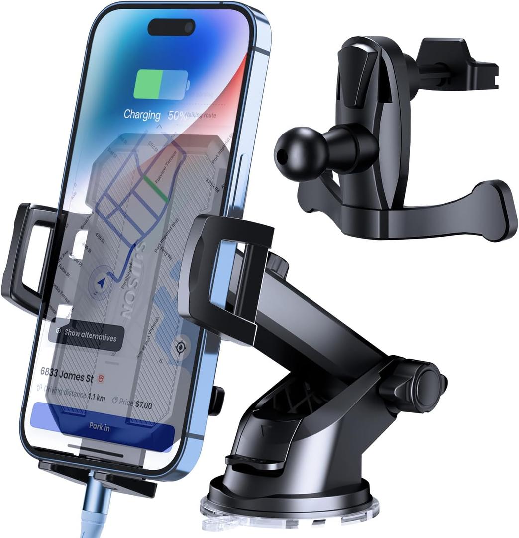 SUUSON 3 in 1 Phone Holders for Your Car, Car Phone Holder Mount [Strongest Suction] 360 Adjustable Cell Phone Holders for Car Phone Stand Car Mount for iPhone, Samsung, Google, More Smartphones
