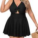 Womens Plus Size One Piece Swimsuit with Skirt V Neck Cutout Flowy Swim Dress Tummy Control Bathing Suit 14W
