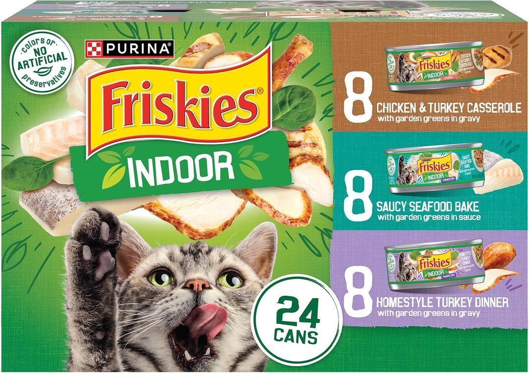 Purina Friskies Indoor Cat Food 24ct VP - (Chicken and Turkey Casserole, Saucy Seafood Bake, Homestyle Turkey Dinner) - (Pack of 24) 5.5 oz. Cans (EXP 04/30/28)