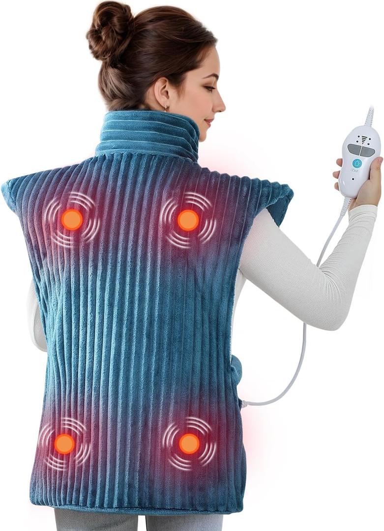 Heating Pads for Back Pain Relief,Wearable Electric Heating Pad with Massager, 24"x35" Extra Large Heated Pad for Neck and Shoulders Cramps,Auto-Shut Off,Machine Washable (Teal)
