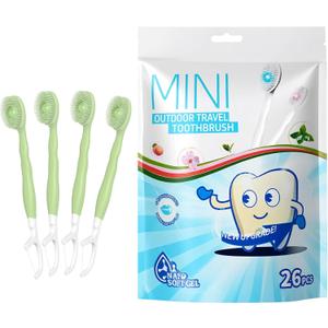 Mini Brushes-Disposable Toothbrushes with Toothpaste + Tongue Scraper + Picks+Floss Pick 5 in 1 Individually Wrapped for Work or Travel 26 Count (Iced Apple Flavor)