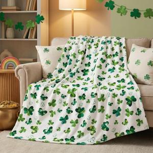 Horaldaily St. Patrick's Day Flannel Blanket Throw, Cute Watercolor Shamrock Soft Fuzzy Plush Cozy Fleece Blankets for Couch Sofa Bed Lounging, Ideal Gifts for Kids Adults Self, 50x60 (Green)