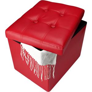 Storage Ottoman, Folding Foot Stool with Thicker Foam Padded Seat Small Leather Storage Ottoman Bench Foot Rest for Living Room Foldable Coffee Table 17x13x13in,Red