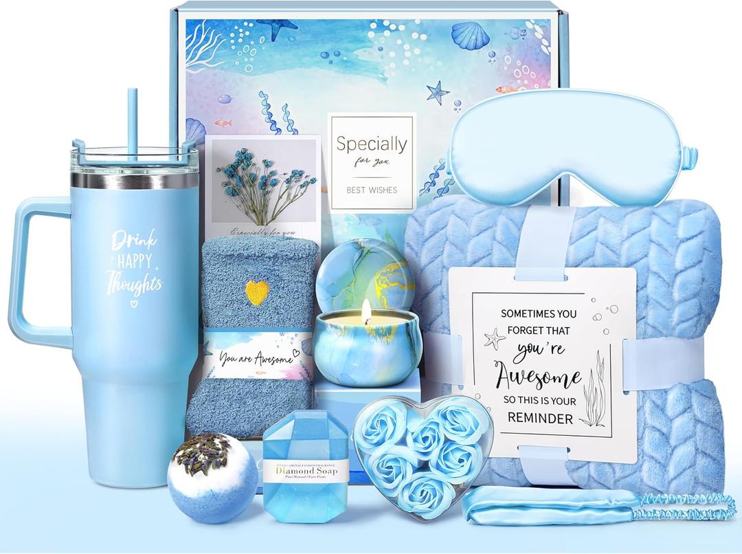 Birthday Gifts for Women, Self Care Get Well Soon Gifts, Ocean Relaxing Spa Gift Basket w/ Luxury Flannel Blanket & 40 oz Tumbler, Thinking of You Gifts, Christmas Gift for Mom Wife Sister Friend