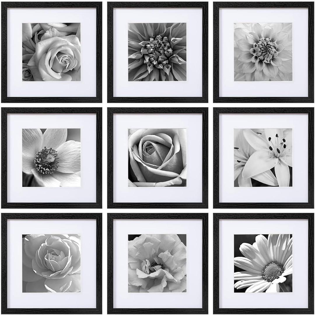eletecpro 12x12 Picture Frames Set of 9 with Clear Acrylic Cover, Display 8x8 Photos with Mat or 12x12 Without, Classic and Sturdy Square Collage Gallery Wall Decor, Easy Wall Mount, Black