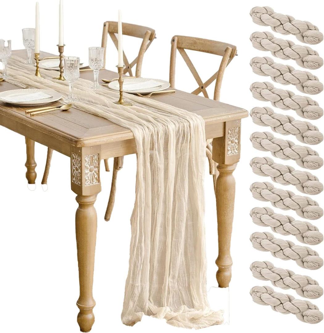12 Pcs Beige Cheesecloth Table Runner 13ft Boho Gauze Cheesecloth Table Runner 160 inch Long for Christmas Wedding Bridal Baby Shower Birthday Table Decorations