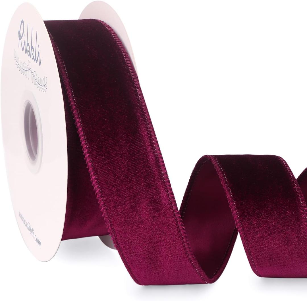 Ribbli Burgundy Velvet Wired Ribbon 1.5 Inch Velvet with Satin Christmas Ribbon for Gift Wrapping Christmas Tree Decoration Crafts Wreaths Supplies-Continuous 10 Yards