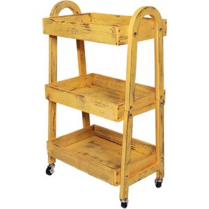 3-Tier Wooden Rolling Cart- Wooden Utility Cart wit Wheels- Utility Rolling Cart-Storage Trolley Organizer- Rolling Kitchen Serving Cart for Office,Kitchen, Kids' Room (Retro Yellow)