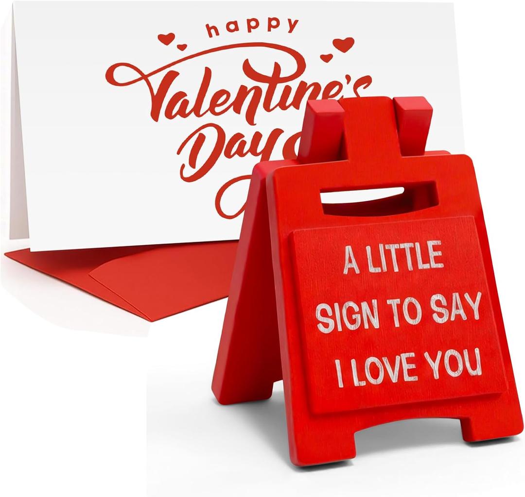 I Love You Desk Sign - Romantic Valentine/Anniversary Decor for Him Her - Small Wooden Table Plaque with Envelope Card - for Boyfriend Girlfriend Wife Husband