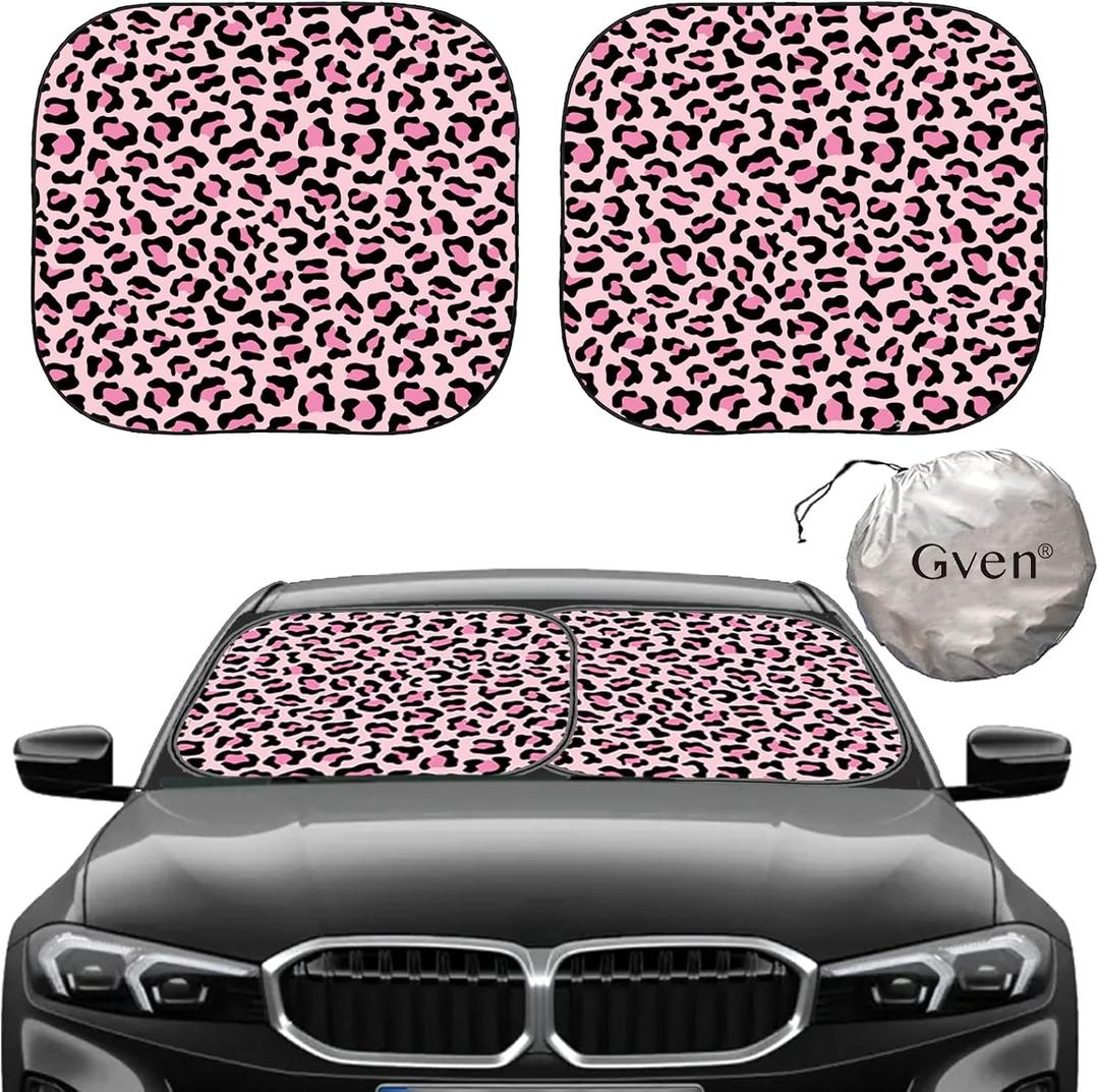 GVEN Windshield Sun Shade Car Sunshade Truck Accessories Large-Size Front Window Shades Windshield Cover Visor for Full-Size MPVs, Vans, Trucks, SUVs, Tesla (Pink Leopard, L)