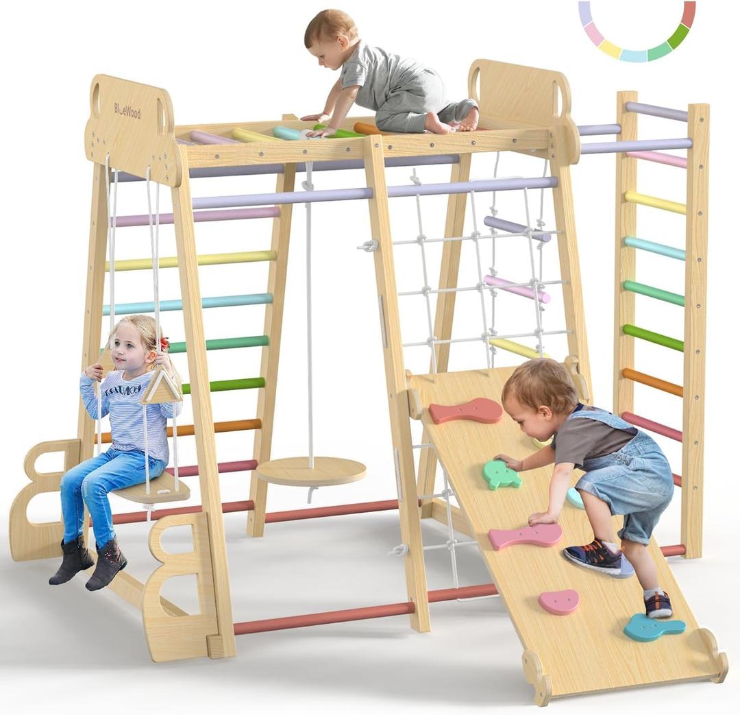 BlueWood Upgraded Indoor Jungle Gym 9-in-1 Playground Kids Climbing Toys, Waldorf Style Wooden Climber Playset with Slide, Swing, Monkey Bars, Upright/Rope Ladder, Climb Net, Colorful, Large