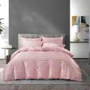 P Pothuiny 5 Pieces Satin Striped Duvet Cover Full/Queen Size Set, Luxury Silky Like Blush Pink Stripe Duvet Cover Bedding Set with Zipper Closure, 1 Duvet Cover + 4 Pillow Cases (No Comforter)