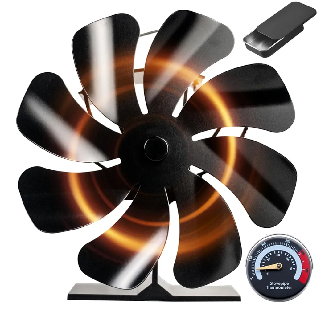 Tomersun Wood Stove Fan Heat Powered 8-Blade Stove Fan, Fireplace Fan for Wood Burning Stove/Pellet/Log Burner, w/Stove Accessories Thermometer & Aroma Pod