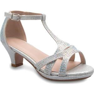 Olivia K Girl's Glitter Leatherette Open Toe Strappy Ankle T Strap Kitten Heel Sandal (Toddler/Little Girl) (2 Big Kid, Silver Rhinestone)