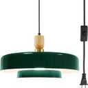 Green Plug-in Pendant Light, Mid Century Modern Hanging Lamp with Wood Accent, Adjustable Cord & On/Off Switch, E26 Base for Kitchen Island Dining Room Retro Farmhouse