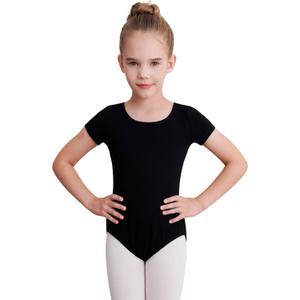 WEGETIT Gymnastics Leotards for Girls Ballet Leotard Toddler girls Bodysuit Short Sleeve Kids Dance Outfits (12-14 Years, Black)