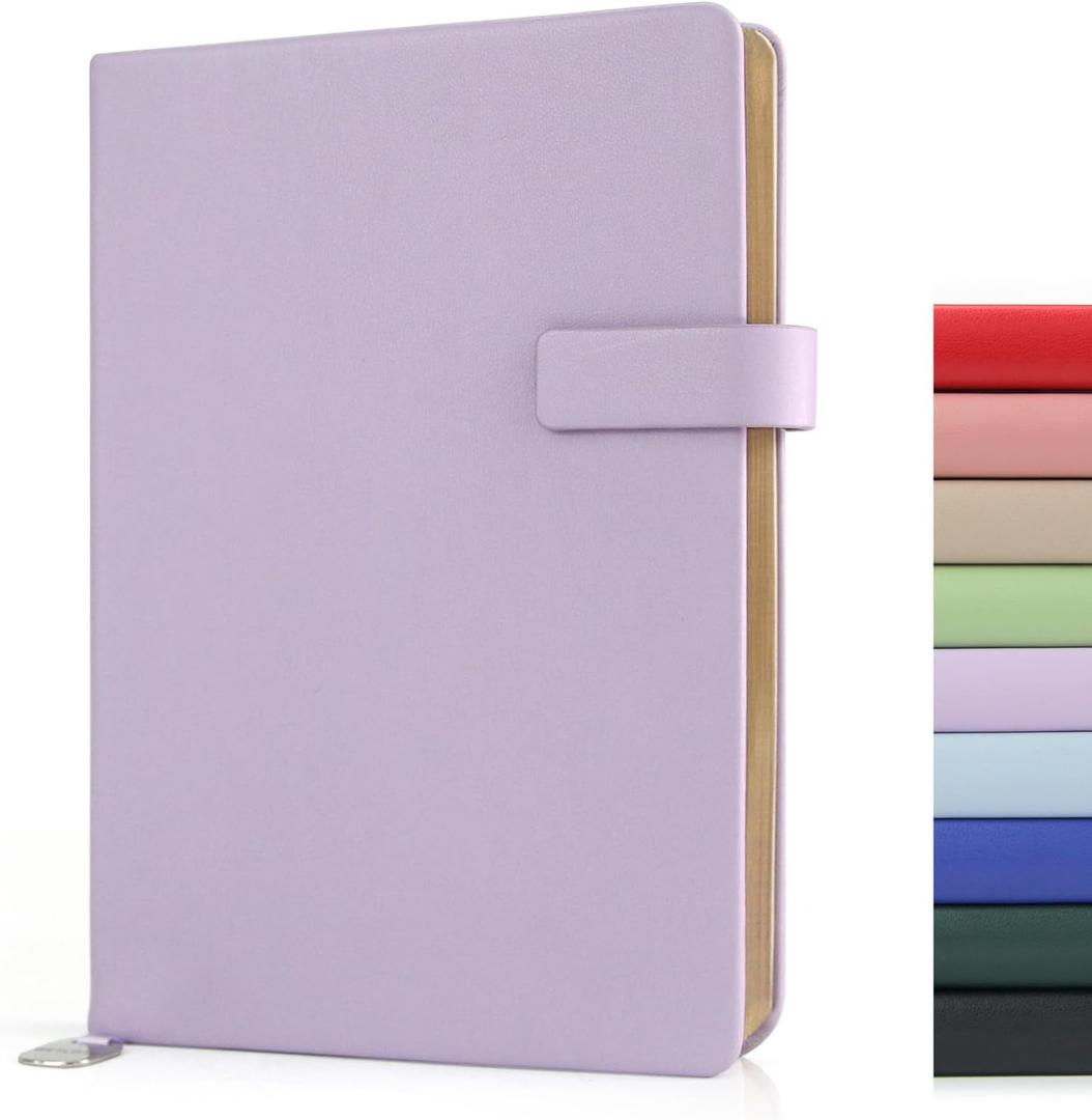 Hardcover Leather Journal Notebook A5 Lined 208 Pages 5x8.25 Inches Gold Edged Pages with Strap Closure Travel Work School Writing Journaling Notebooks for Women Men Gift Box Packaging Light Purple
